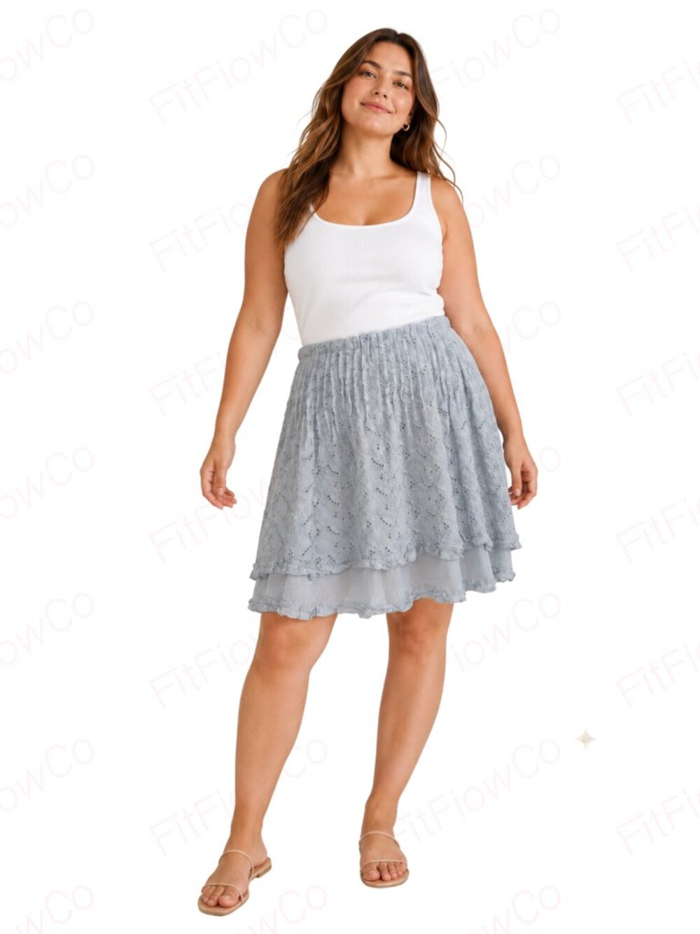 NWOT Free People Blue Embroidered Eyelet Ruffle Skirt Size L Boho